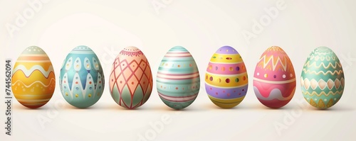 Easter poster featuring a pattern of colorful painted eggs. Photorealistic.