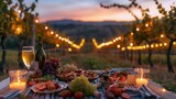 Picturesque scene of food and lights arranged in a vineyard for a delightful picnic at dusk.