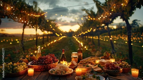 Picturesque scene of food and lights arranged in a vineyard for a delightful picnic at dusk.