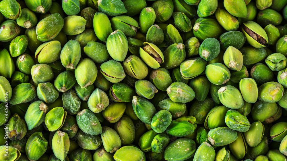 Top view on green fresh pistachios pattern. Nuts background. Generative AI Top view on green fresh pistachios pattern. Nuts background. Generative AI