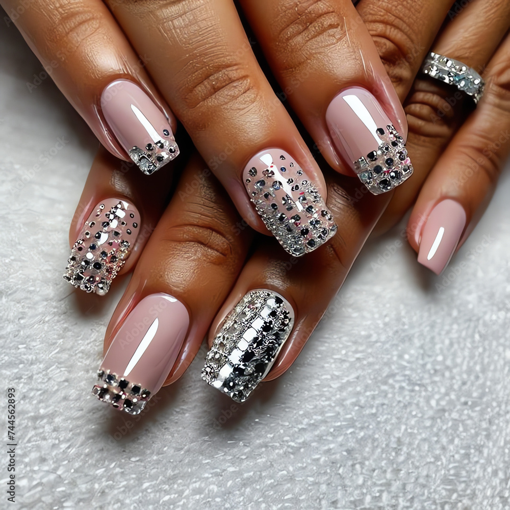 Manicure on short nails covered with black and white lacquered with rhinestones Manicure on short nails covered with black and white lacquered with rhinestones
