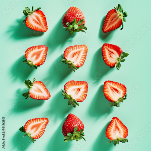 Flat lay of a bright pattern of strawberry halves. Pastel green background. Minimalist food concept. Generative AI