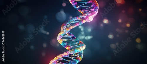 Using the concepts of medicine, biotechnology, chemistry, and artificial intelligence, a illustration depicts the human genome's DNA double helix structure.