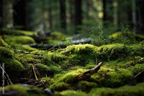 Moss covering a forest floor, mixed with fallen pine needles