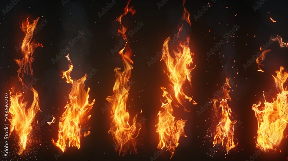 Obraz premium Set of 10 photorealistic fire elements on a black background.