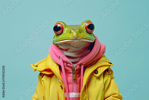 Anthropomorphic Frog in Fashionable Pink and Yellow Outfit