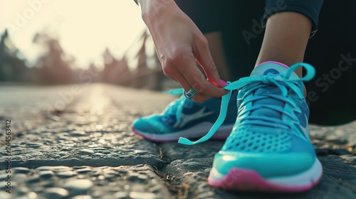 Close up woman hand tying shoes  healthy running at morning exercise