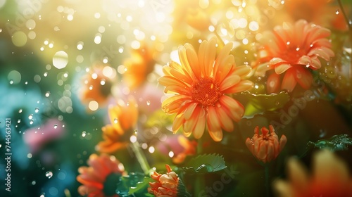 Spring flowers pattern, slightly overcrowded, dotted with water droplets and central space for text. Photorealistic, finely capturing a sunny day.