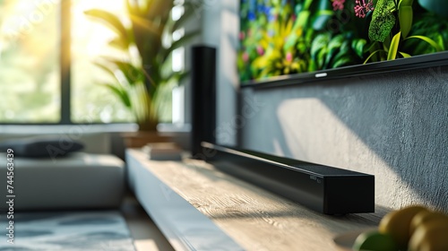 Soundbar in modern cozy living room, enjoy listening the music