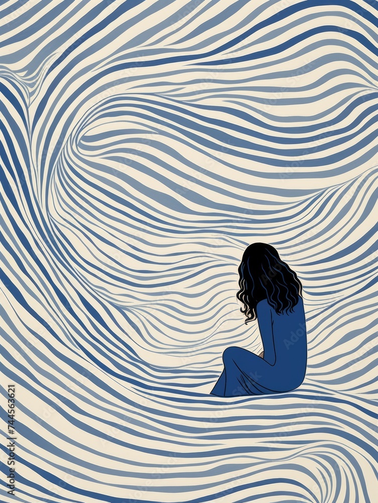 Overthinking illustration concept. Woman Seated in Wave of Water. Printable Wall Art.