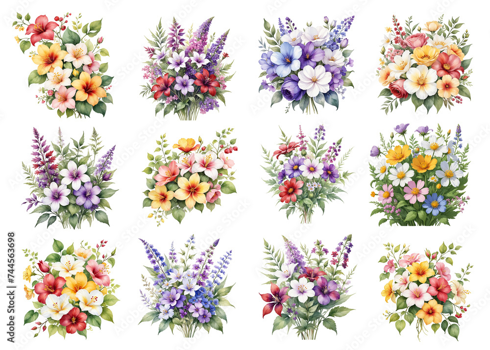 Collection of colorful wild flowers bouquet on white background, watercolor painting style, generative AI
