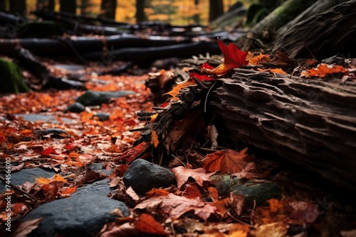 Vibrant autumn leaves covering forest floor and decaying logs