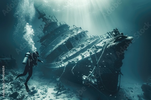 scuba diver in the sea next to the sunken ship. A passenger liner at the bottom of the sea.