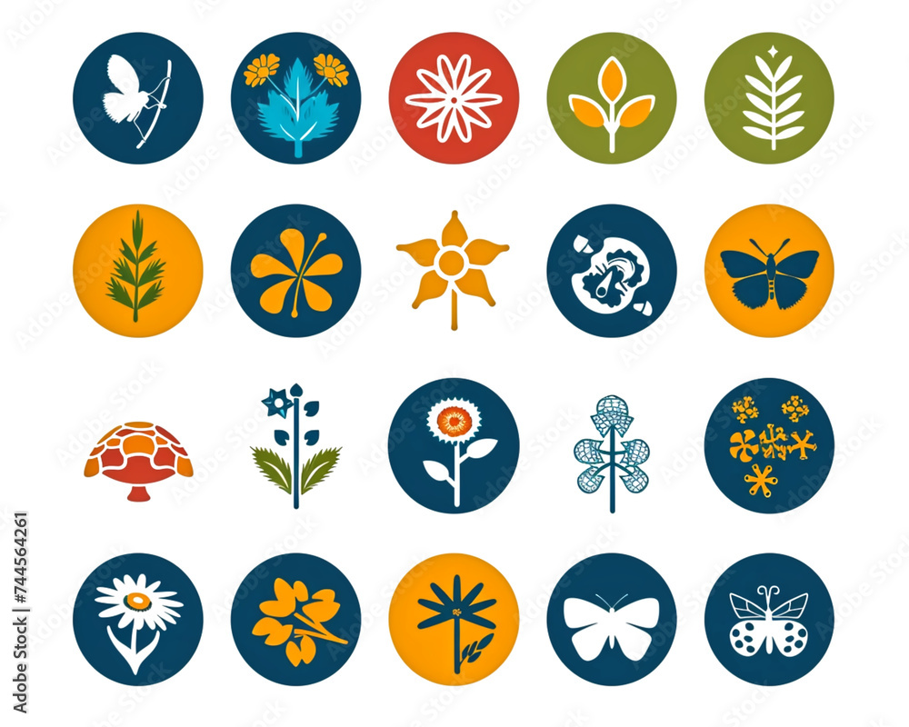 Assorted Botanical and Insect Icons Set on Circular Colored Backgrounds for Graphic Design Assorted Botanical and Insect Icons Set on Circular Colored Backgrounds for Graphic Design