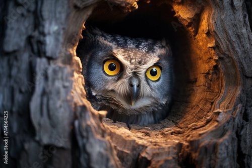 Yellow eyes of an owl peering through a natural wood hole at twilight