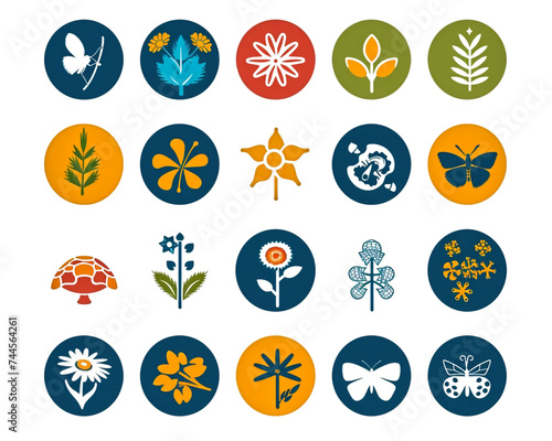 Assorted Botanical and Insect Icons Set on Circular Colored Backgrounds for Graphic Design