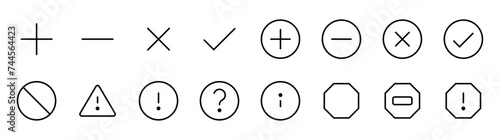 Valid icons add, tick, remove, plus, minus, question, exclamatory, caution, stop symbols in different style vector illustration. can be used for web, mobile, ui
