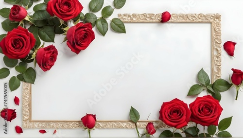 Red roses border frame on the white background copy space