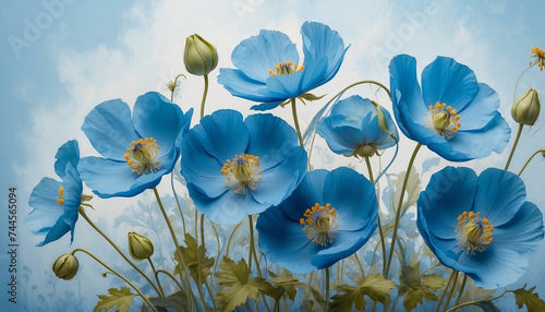 Delicate curves and intricate details of a bunch of vibrant blue Himalayan poppy flowers against a soft blue backdrop