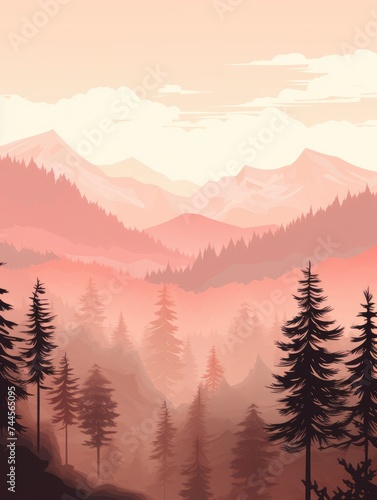 Trees and Mountains Landscape Painting. Printable Wall Art.