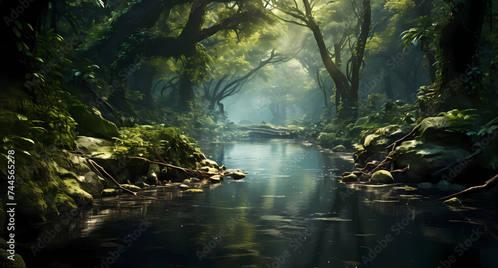 a green forest filled with trees and water