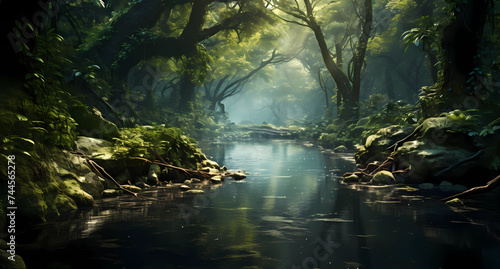 a green forest filled with trees and water