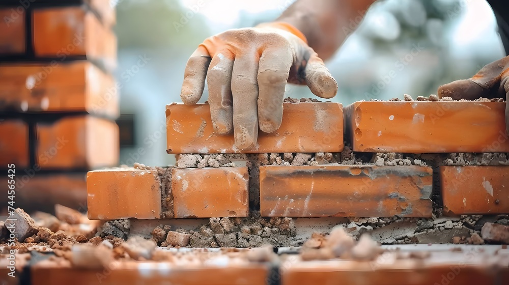professional construction worker laying bricks and building barbecue in industrial site. Detail of hand adjusting bricks - obrazy, fototapety, plakaty 