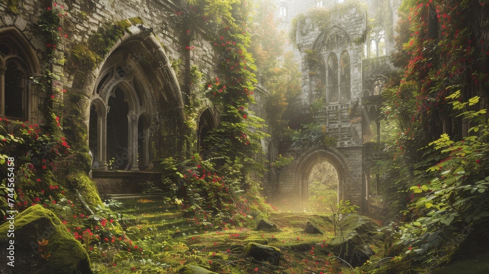Sunlight filters through the canopy over ivy-clad ruins, creating a tranquil and mysterious ancient setting.