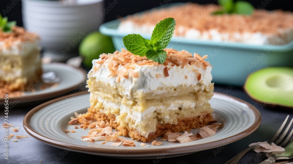 Fresh coconut cream pie with whipped cream on kitchen counter, copy space for text Fresh coconut cream pie with whipped cream on kitchen counter, copy space for text