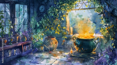 A mystical watercolor scene of a kitchen with sunlight streaming through the window, highlighting a magical brew simmering in a pot and surrounded by verdant plant life.