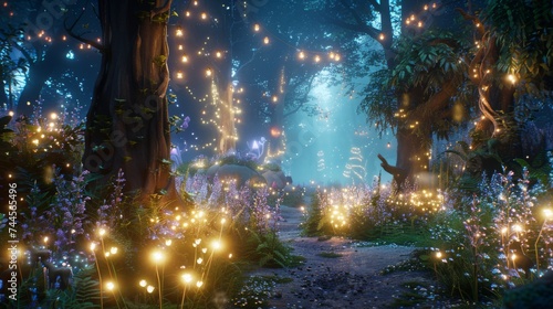 A digital creation of a mystical pathway in an enchanted forest illuminated by fairy lights and soft glows  invoking a magical nighttime wonder.