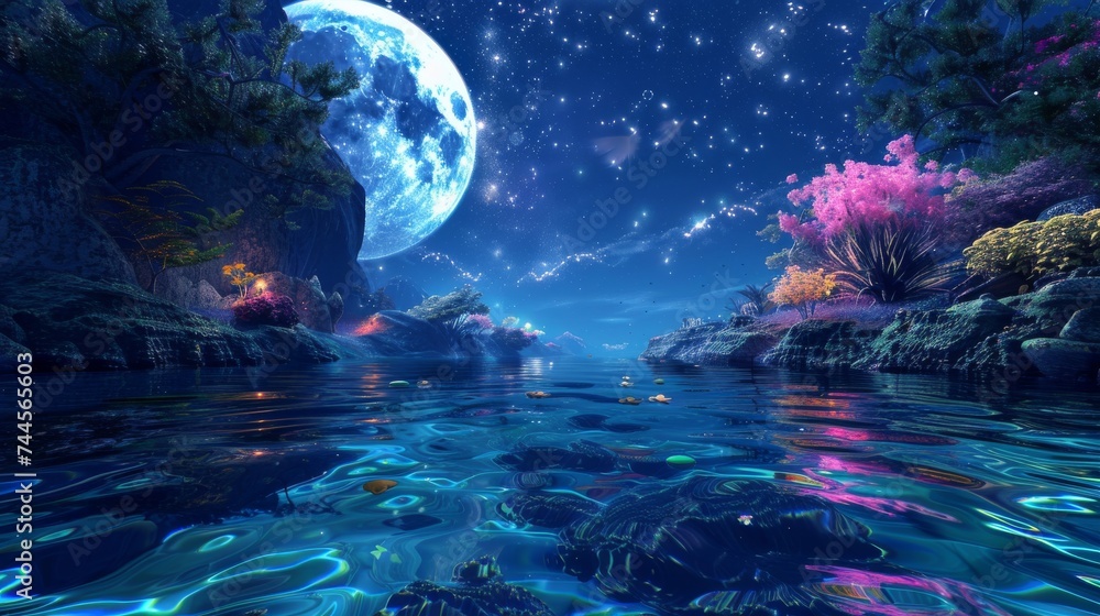 A breathtaking nightscape of a fantasy world, with a giant moon illuminating the vivid, luminescent waters and flowering trees under a starry sky.