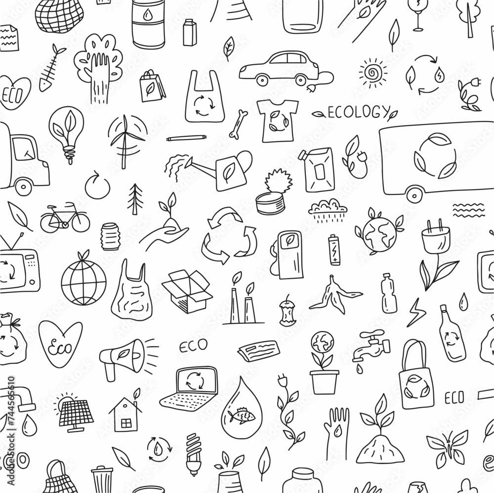 Vector pattern from a collection of environmental symbols of renewable energy and waste recycling, hand-drawn in the style of doodles