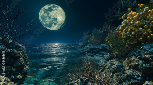 A full moon illuminates a vibrant coral reef, revealing the intricate beauty of the underwater landscape against the backdrop of a sparkling sea.