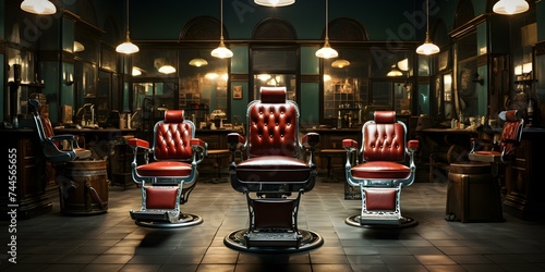Oldfashioned barber shop featuring classic chairs and nostalgic retro decor elements. Concept Barber Shop, Classic Chairs, Nostalgic Decor, Retro Style, Vintage Atmosphere photo