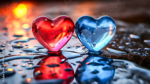 deux cœurs rouge et bleu en verre, sur un fond avec des gouttes d'eau