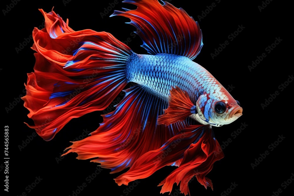 Siamese fighting fish with vibrant, multicolored eyes, shot against a black background