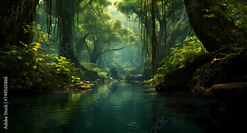 a green forest filled with trees and water