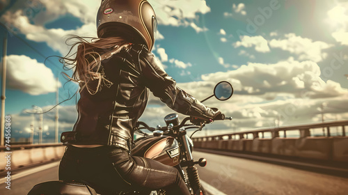 Female Motorcyclist Riding on Sunny Highway photo