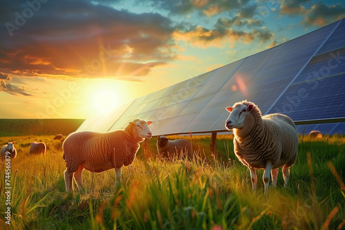 Solar panels farm with flock of sheep
