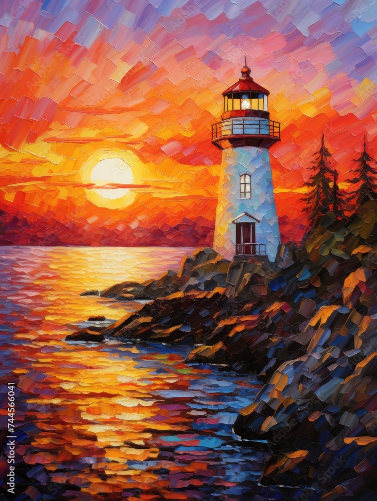 Lighthouse at Sunset Painting. Printable Wall Art.