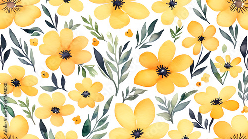 Yellow floral background. Watercolor simple flowers © Anton