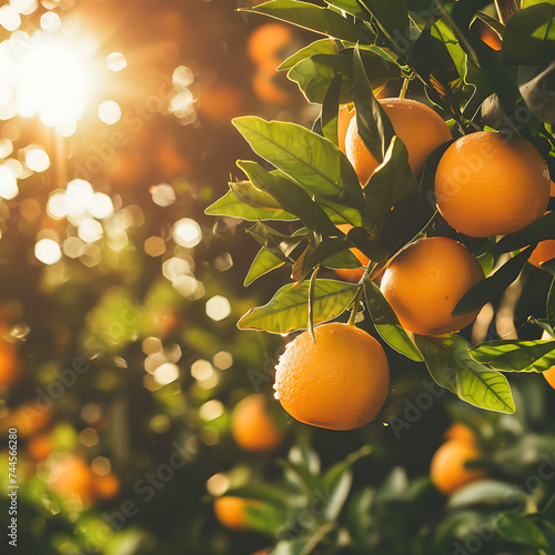 A vibrant orange tree with sunlight filtering through its leaves, highlighting a cluster of juicy oranges