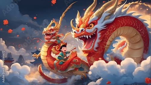 chinese dragon, Child riding Chinese dragon, Chinese New Year illustration of the Year of the Dragon © Shivamrajput46 