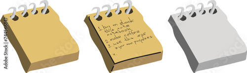 Hand drawn paper notebook, made in three versions: completely flat, flat with toonish strokes and hand written text on the first page and finally - shades of grey, flat. Vector illustration.