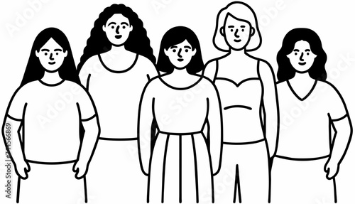  vector graphic depicting diverse women standing together in unity, symbolizing strength, empowerment, and solidarity.
