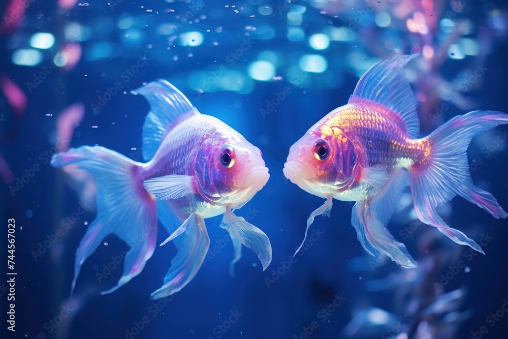 Two fish with neon blue eyes swimming parallel in a crystal-clear aquarium