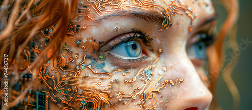 close up of a face of a person, a lady with futuristic computer circuits on her skin