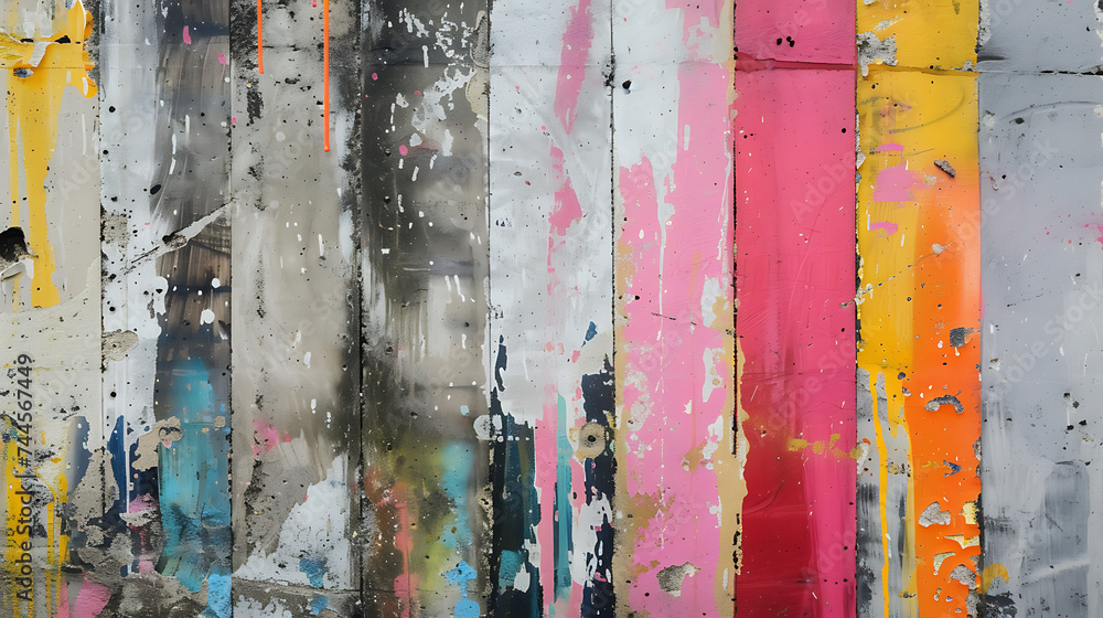 A weathered wall adorned with vibrant and chaotic paint strokes, graffiti, and colorful drips creating a lively abstract background