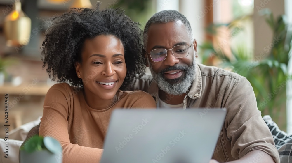 Smiling couple using laptop together, Concept of shared digital experiences, connectivity in relationships, and modern domestic life Smiling couple using laptop together, Concept of shared digital experiences, connectivity in relationships, and modern domestic life